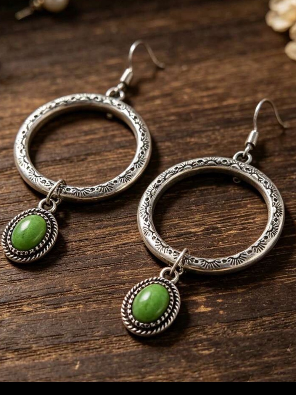 Bohemian Silver Hoop Earrings with Green Stone Dangle